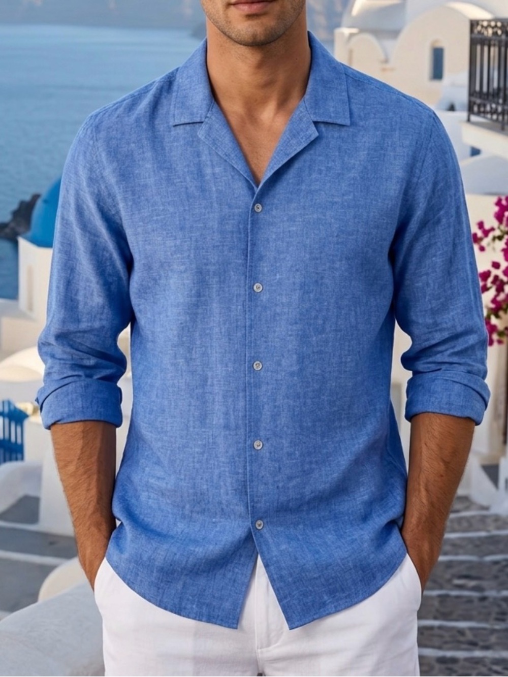 INC International Concepts Mens L Blue Linen Blend Long Sleeves Button Up Shirt
